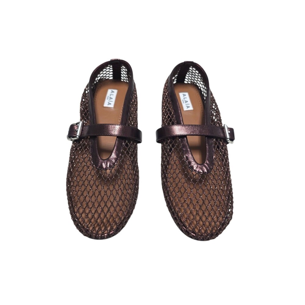 ALAIA Brown Metallic Leather & Mesh Fishnet Ballet Flats 39